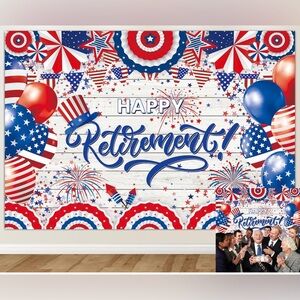 Patriotic Military Retirement Party Photo Backdrop Banner & Star Streamers Decor